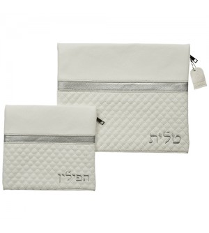 Pochettes Talit et Tefilin - simili cuir blanc