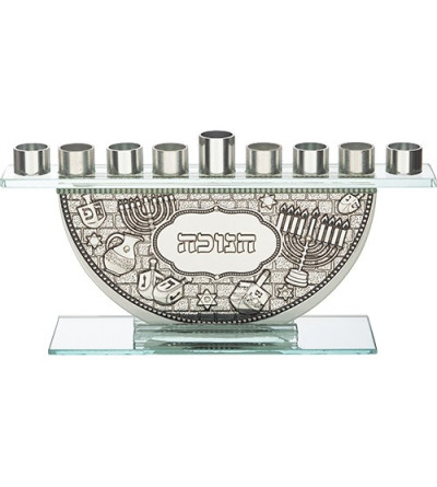 Hanoukia en verre avec plaque et branches argent
